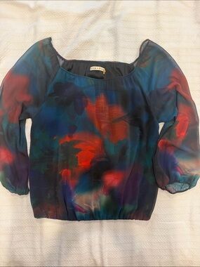Alice + Olivia Navy Multicolor Sheer Off-Shoulder Blouse size M